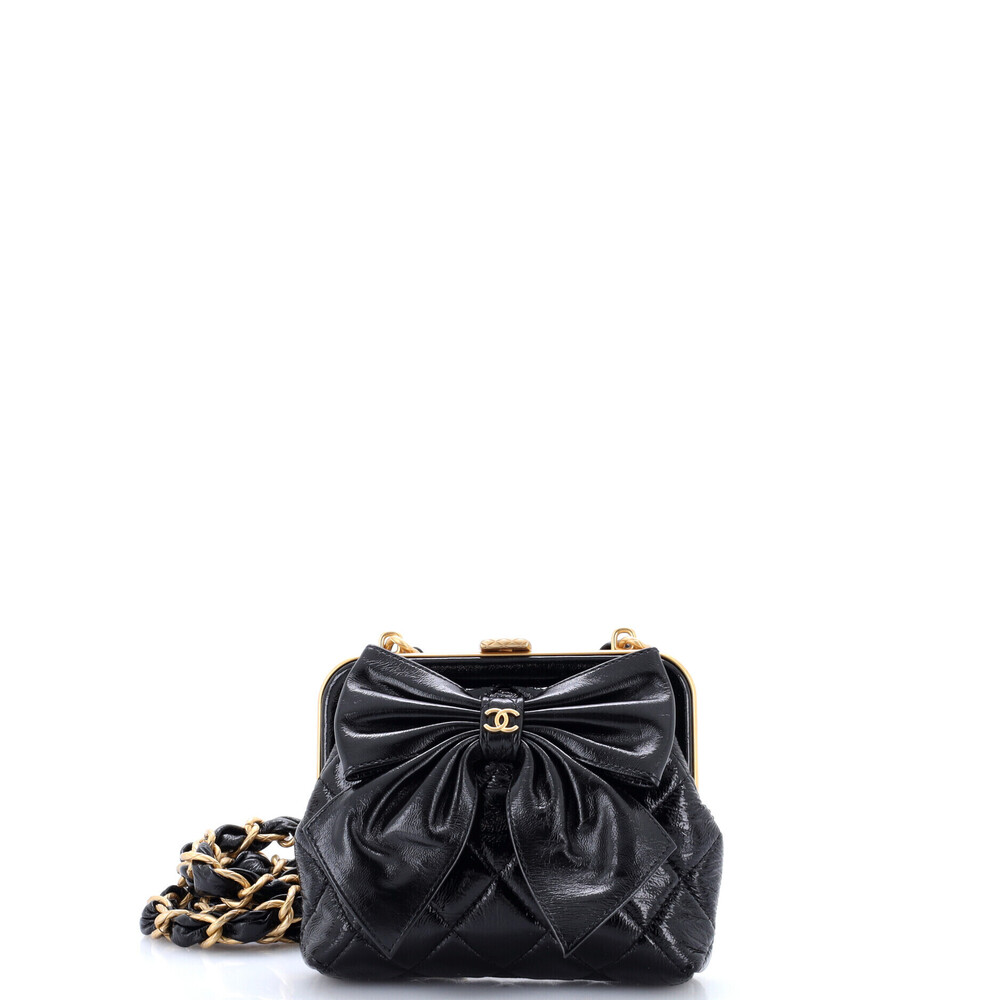 Chanel Mini Bow Frame Clutch With Chain Quilted Patent with Lambskin